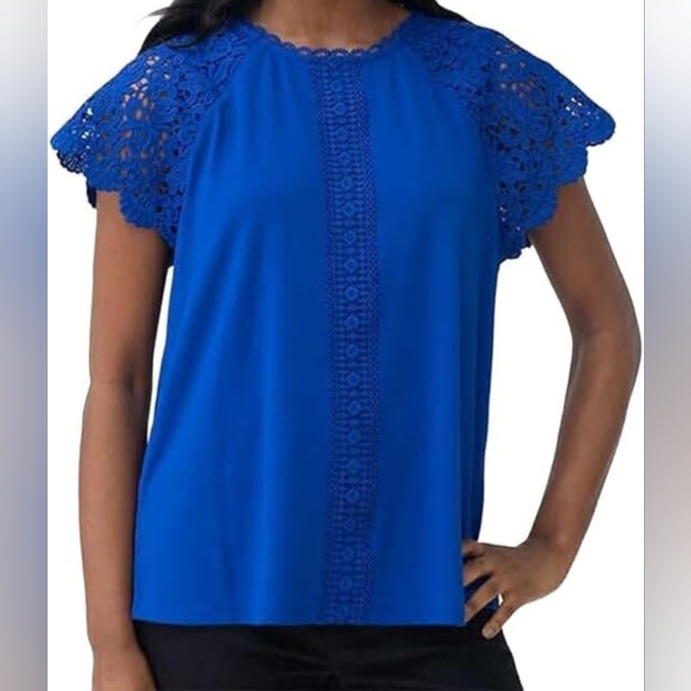 CABLE & GAUGE Lace Flutter Sleeve Lace Keyhole Casual Boho Blouse L Blue